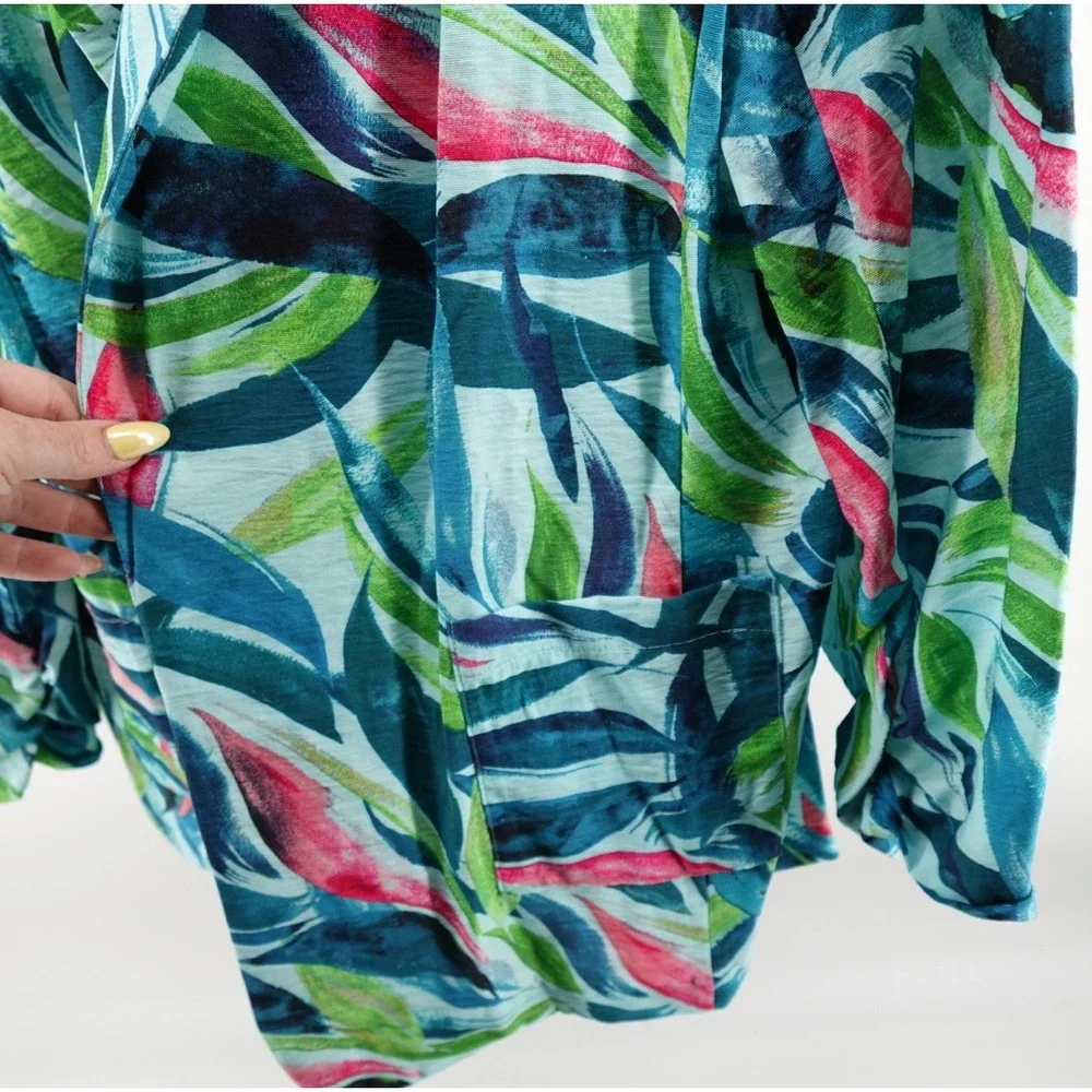 Investments Tropical Leaf Print Open Front Blazer XL Teal‎ Green Pink